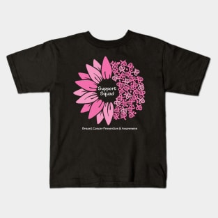 Breast cancer support squad with flower, hearts, ribbons & white type Kids T-Shirt